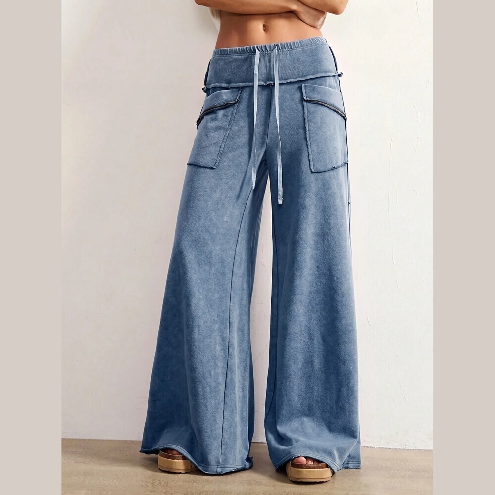 Faded Blue Washed Cargo Patch Pocket Wide Leg Sweatpants